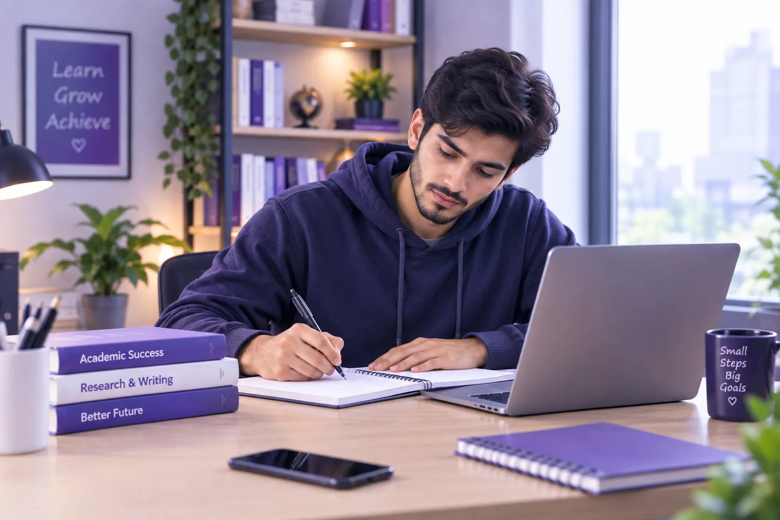 Student studying with laptop and academic support materials